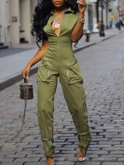 Short Sleeve Zipper Pocket Wide Leg Jumpsuit