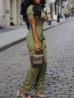 Short Sleeve Zipper Pocket Wide Leg Jumpsuit