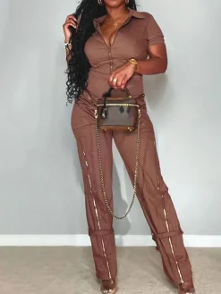 Short Sleeve Zipper Pocket Wide Leg Jumpsuit