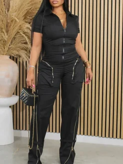 Short Sleeve Zipper Pocket Wide Leg Jumpsuit