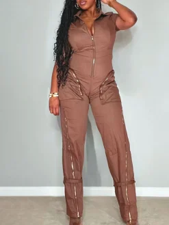 Short Sleeve Zipper Pocket Wide Leg Jumpsuit