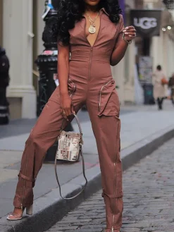 Short Sleeve Zipper Pocket Wide Leg Jumpsuit
