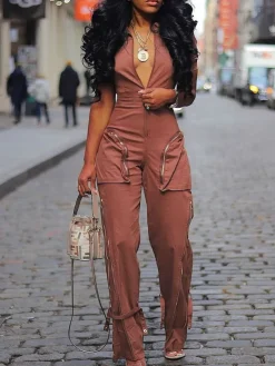 Short Sleeve Zipper Pocket Wide Leg Jumpsuit