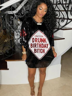 Short Sleeves Print Sequins Mini Dress