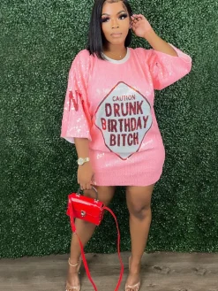 Short Sleeves Print Sequins Mini Dress