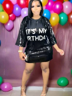 Short Sleeves Sequins Letter Print Mini Dress