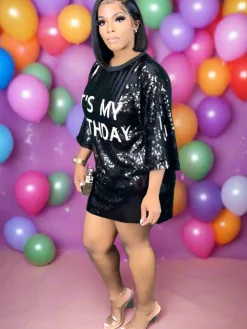 Short Sleeves Sequins Letter Print Mini Dress