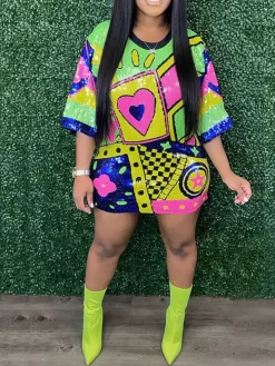 Short Sleeves Sequins Mini Dress