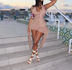 Sleeveless Backless Tassel Ruched Ruffle Mini Dress