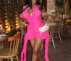 Sleeveless Backless Tassel Ruched Ruffle Mini Dress