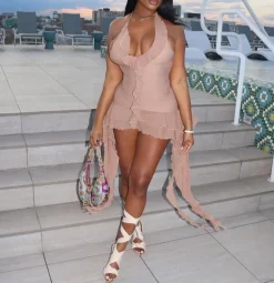 Sleeveless Backless Tassel Ruched Ruffle Mini Dress