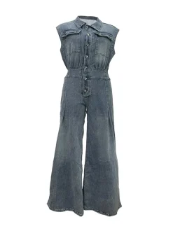 Sleeveless Button Denim Wide Leg Jumpsuit