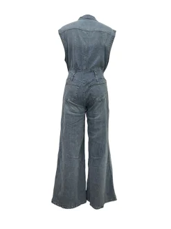 Sleeveless Button Denim Wide Leg Jumpsuit