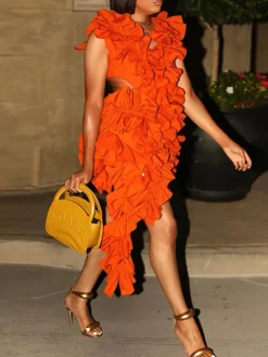 Sleeveless Crimping Backless Asymmetrical Mini Dress