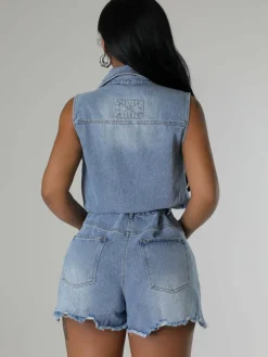 Sleeveless Denim Ripped Hem Short Jumpsuit