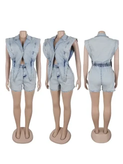 Sleeveless Elastic Waist Denim Romper