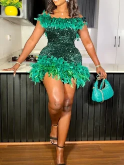 Sleeveless Feathers Sequin Party Mini Dress