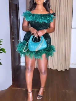 Sleeveless Feathers Sequin Party Mini Dress