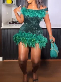 Sleeveless Feathers Sequin Party Mini Dress