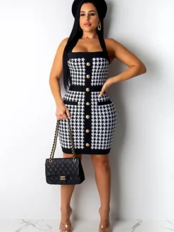 Sleeveless Houndstooth Button Mini Dress