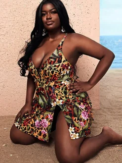 Sleeveless Leopard Print Split Bodycon Swimsuit