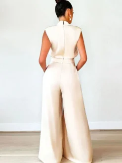 Sleeveless Mock Neck Wide-Leg Jumpsuit