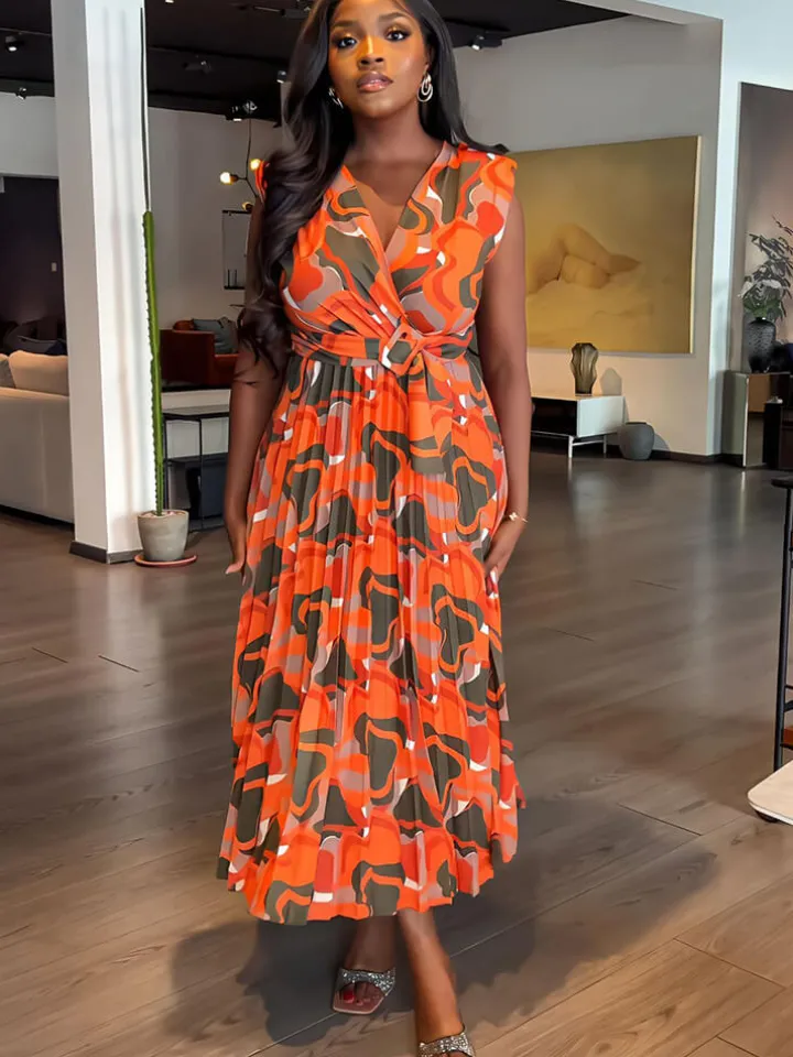 Sleeveless Printed Pleated Bodycon Maxi Dress