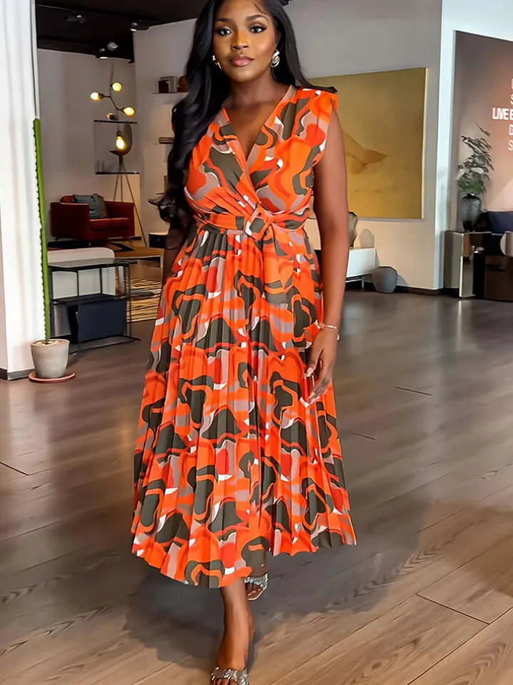 Sleeveless Printed Pleated Bodycon Maxi Dress