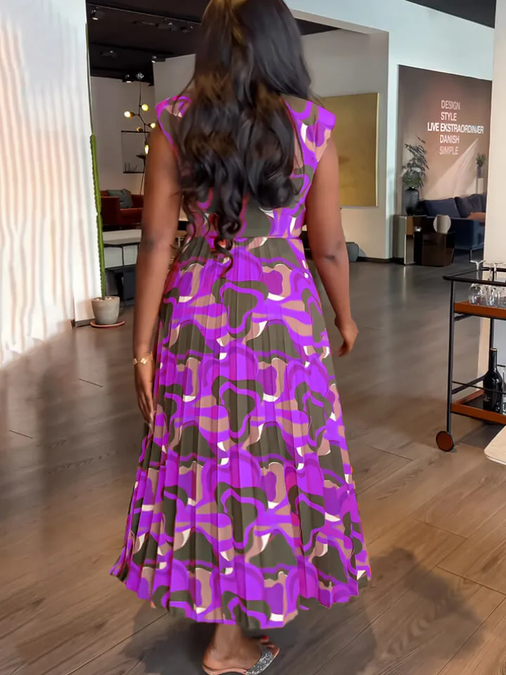 Sleeveless Printed Pleated Bodycon Maxi Dress