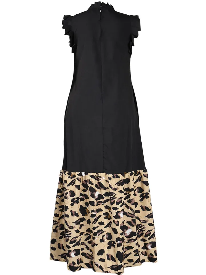 Sleeveless Ruffle Leopard Patchwork Maxi Dress