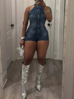 Sleeveless Zip Front Cutout Denim Romper