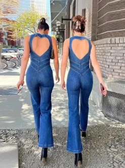 Sleeveless Zip Heart Cutout Denim Jumpsuit