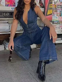 Sleeveless Zip Heart Cutout Denim Jumpsuit