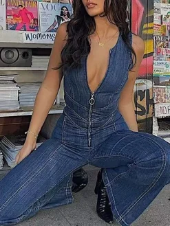 Sleeveless Zip Heart Cutout Denim Jumpsuit