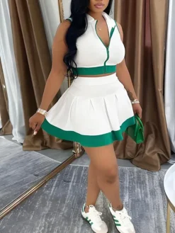 Sleeveless Zip-Up Crop Top Pleated Skirt Set