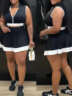 Sleeveless Zip-Up Crop Top Pleated Skirt Set