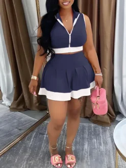 Sleeveless Zip-Up Crop Top Pleated Skirt Set