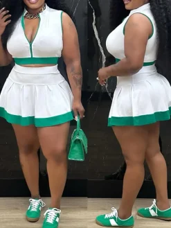 Sleeveless Zip-Up Crop Top Pleated Skirt Set