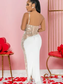 Sleevelesss Rhinestone Mesh Patchwork Maxi Dress