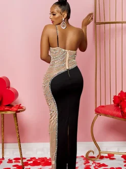 Sleevelesss Rhinestone Mesh Patchwork Maxi Dress