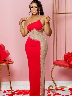 Sleevelesss Rhinestone Mesh Patchwork Maxi Dress