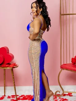 Sleevelesss Rhinestone Mesh Patchwork Maxi Dress