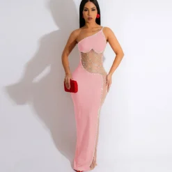 Sleevelesss Rhinestone Mesh Patchwork Maxi Dress