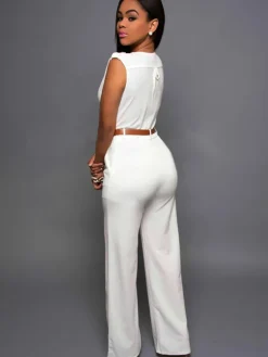 Sleevelesss V Neck Solid Wide Leg Jumpsuit