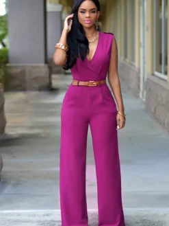 Sleevelesss V Neck Solid Wide Leg Jumpsuit
