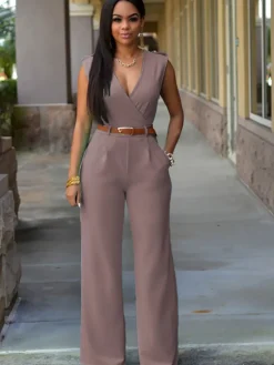Sleevelesss V Neck Solid Wide Leg Jumpsuit