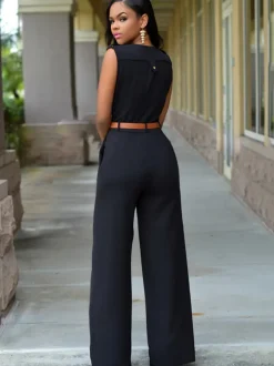Sleevelesss V Neck Solid Wide Leg Jumpsuit
