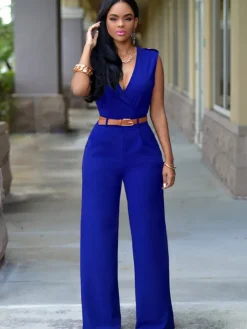 Sleevelesss V Neck Solid Wide Leg Jumpsuit