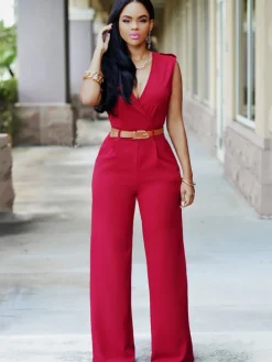 Sleevelesss V Neck Solid Wide Leg Jumpsuit