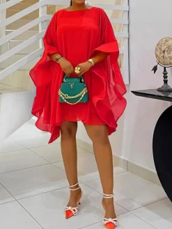 Solid Chiffon Cape Overlay Dress